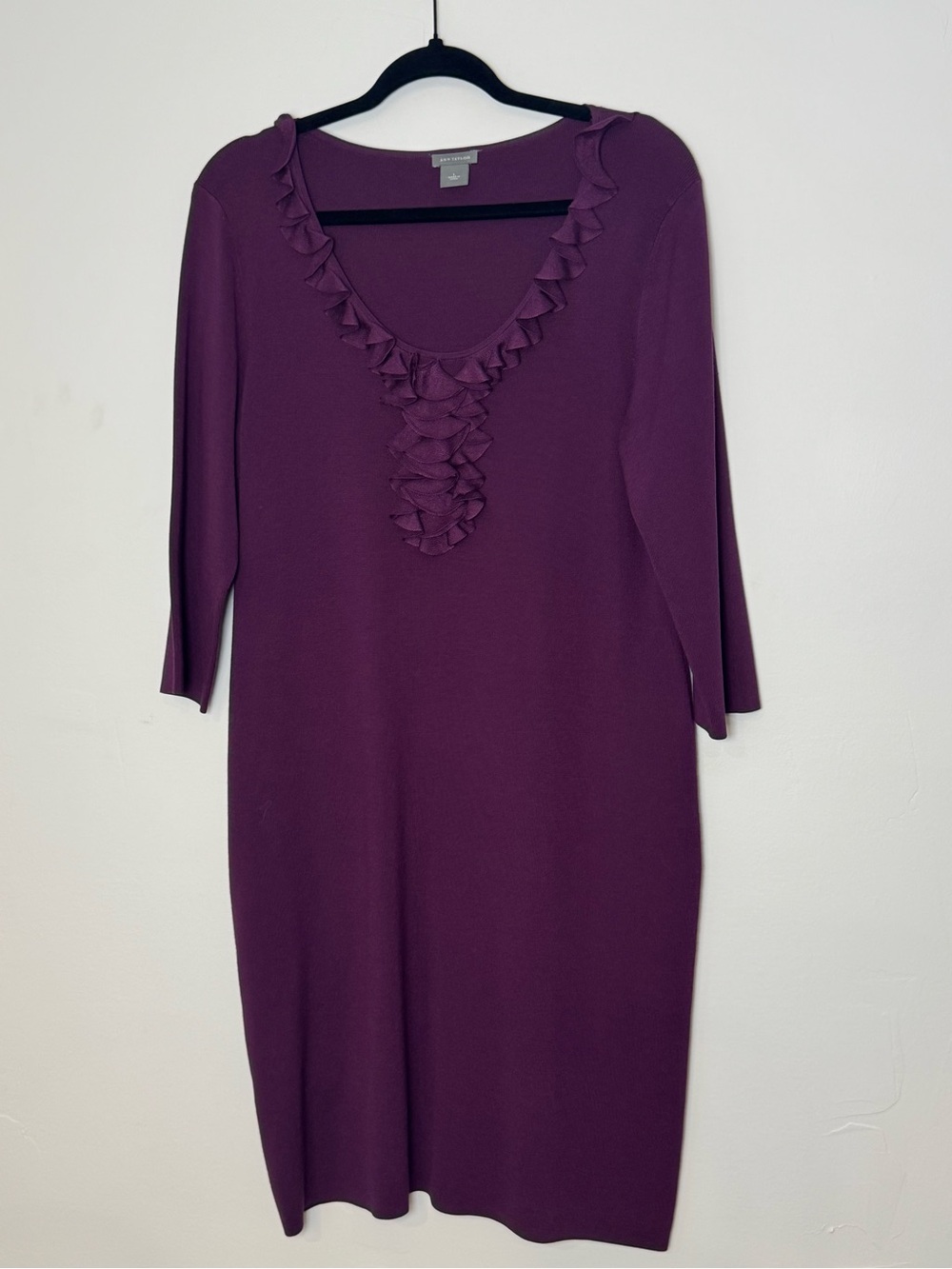 Ann Taylor Silk Blend Knit Ruffle Neck Sheath Dress Plum Purple Women’s Large